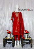 Moonpalav Majestic Maroon Roman Silk Sequinned Kurta Set with Jacquard Dupatta