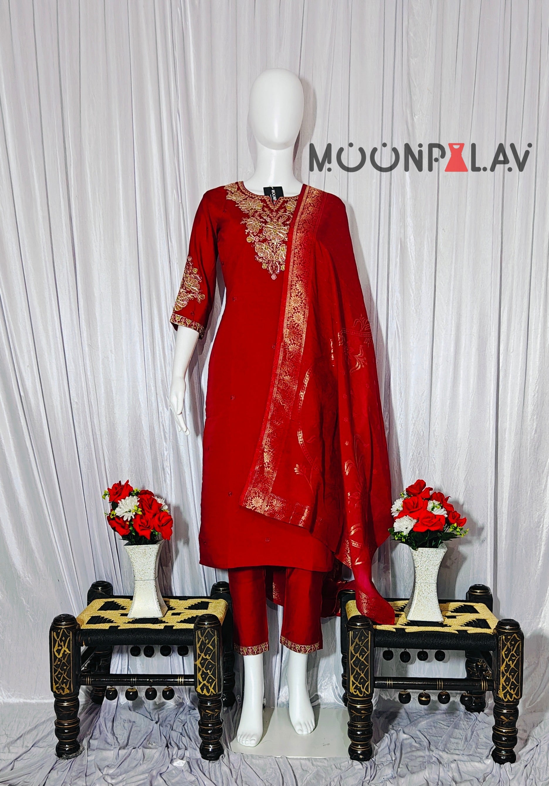Moonpalav Majestic Maroon Roman Silk Sequinned Kurta Set with Jacquard Dupatta
