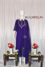 Purple Marina Silk Hand Embroidered Kurti Set with Maslin Dupatta