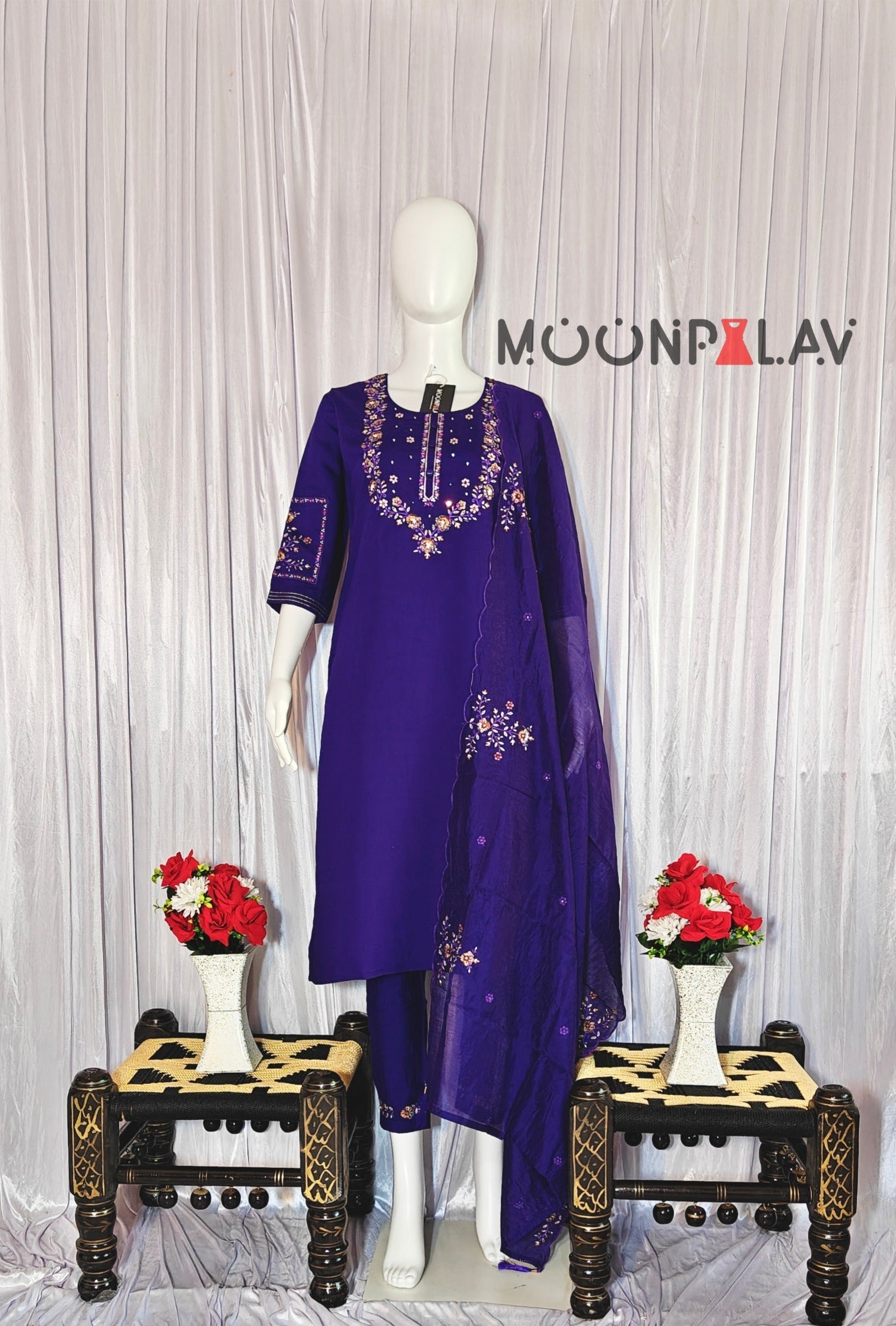 Purple Marina Silk Hand Embroidered Kurti Set with Maslin Dupatta