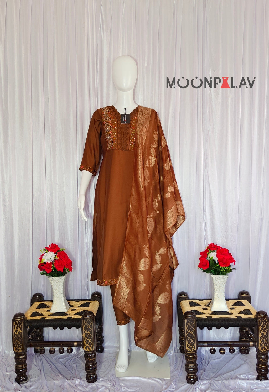 Hand-Embroidered Silk Suit with Woven Floral Motif Dupatta