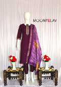 Moonpalav Wine Roman Silk Hand Embroidered Kurti Set with Digital Print Dupatta