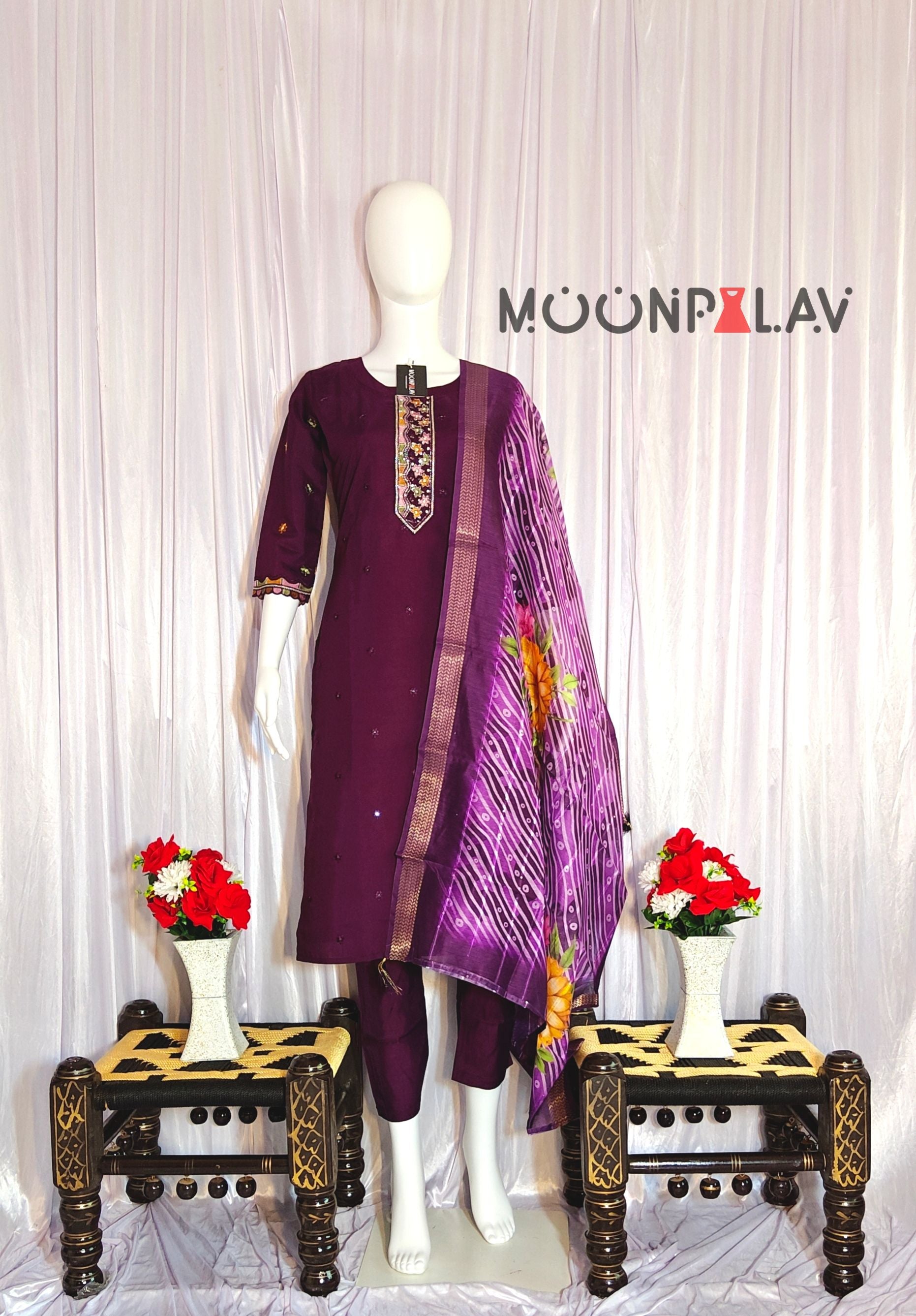 Moonpalav Wine Roman Silk Hand Embroidered Kurti Set with Digital Print Dupatta
