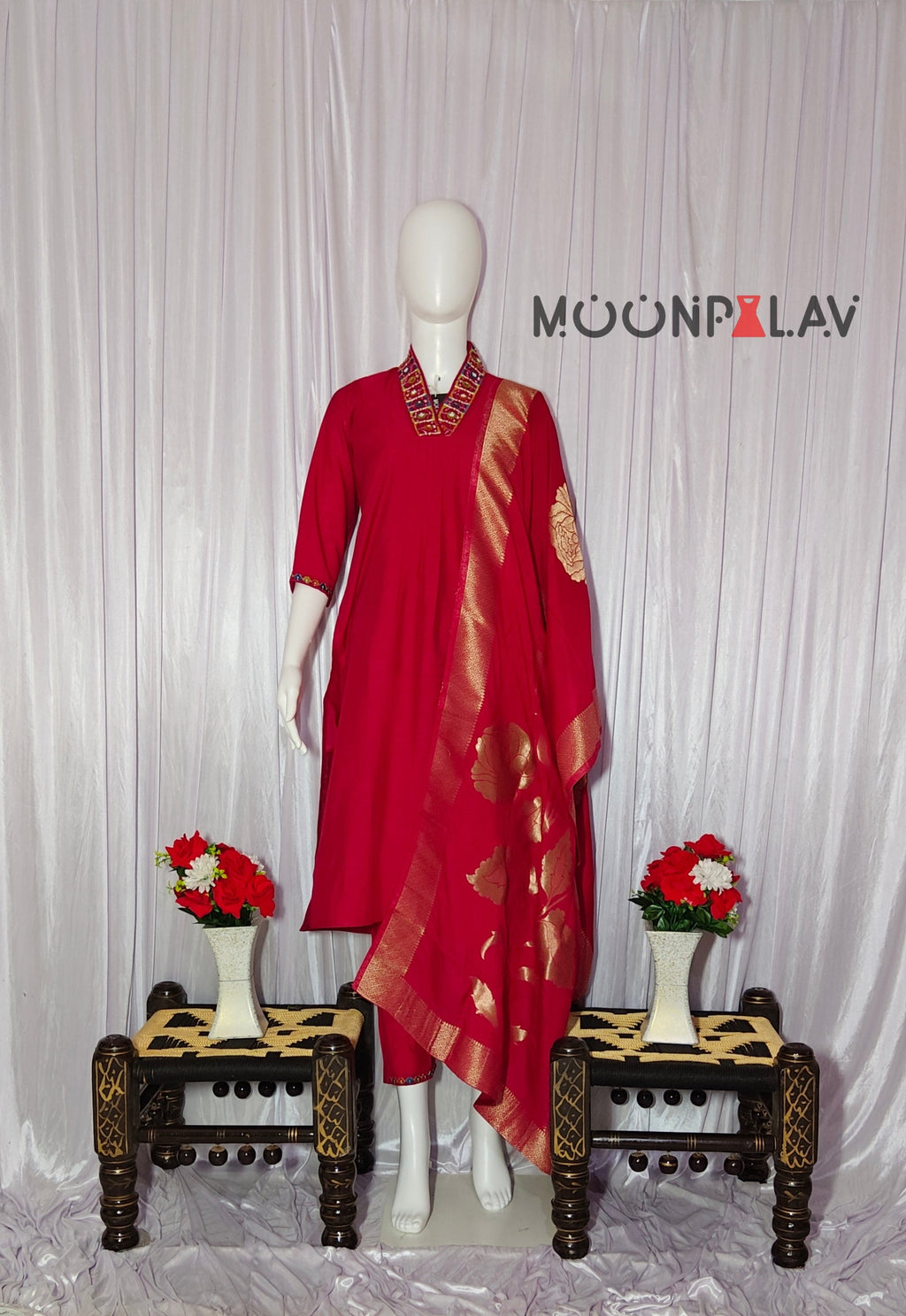 Moonpalav Ruby Red Mango Silk Embroidery Suit with Muslin Dupatta