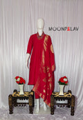 Moonpalav Ruby Red Mango Silk Embroidery Suit with Muslin Dupatta