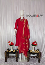 Moonpalav Ruby Red Mango Silk Embroidery Suit with Muslin Dupatta