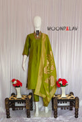 Moonpalav Olive Green Mango Silk Festive Kurti Pant Set With Dupatta