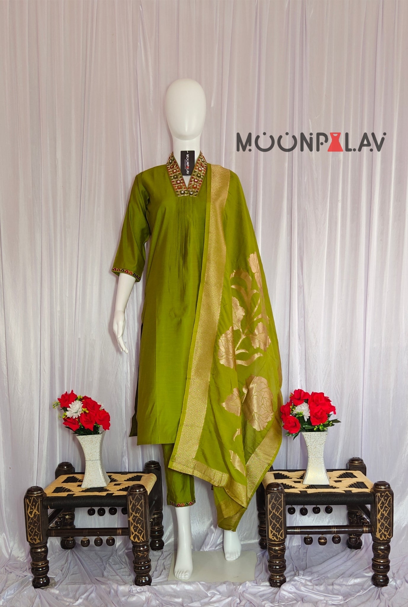 Moonpalav Olive Green Mango Silk Festive Kurti Pant Set With Dupatta