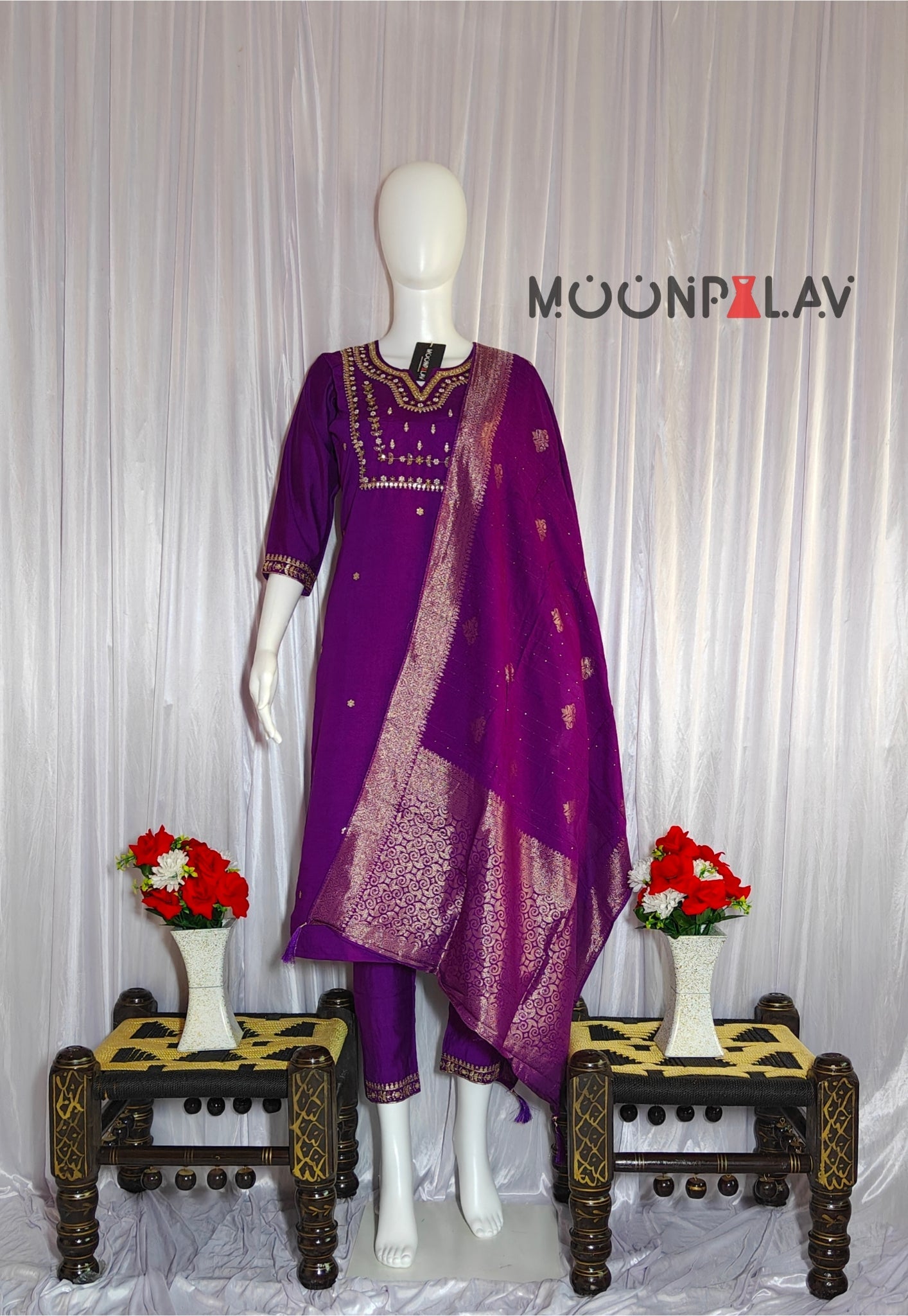 Moonpalav Royal Purple Viscose Silk Kurti Set with Jacquard Dupatta