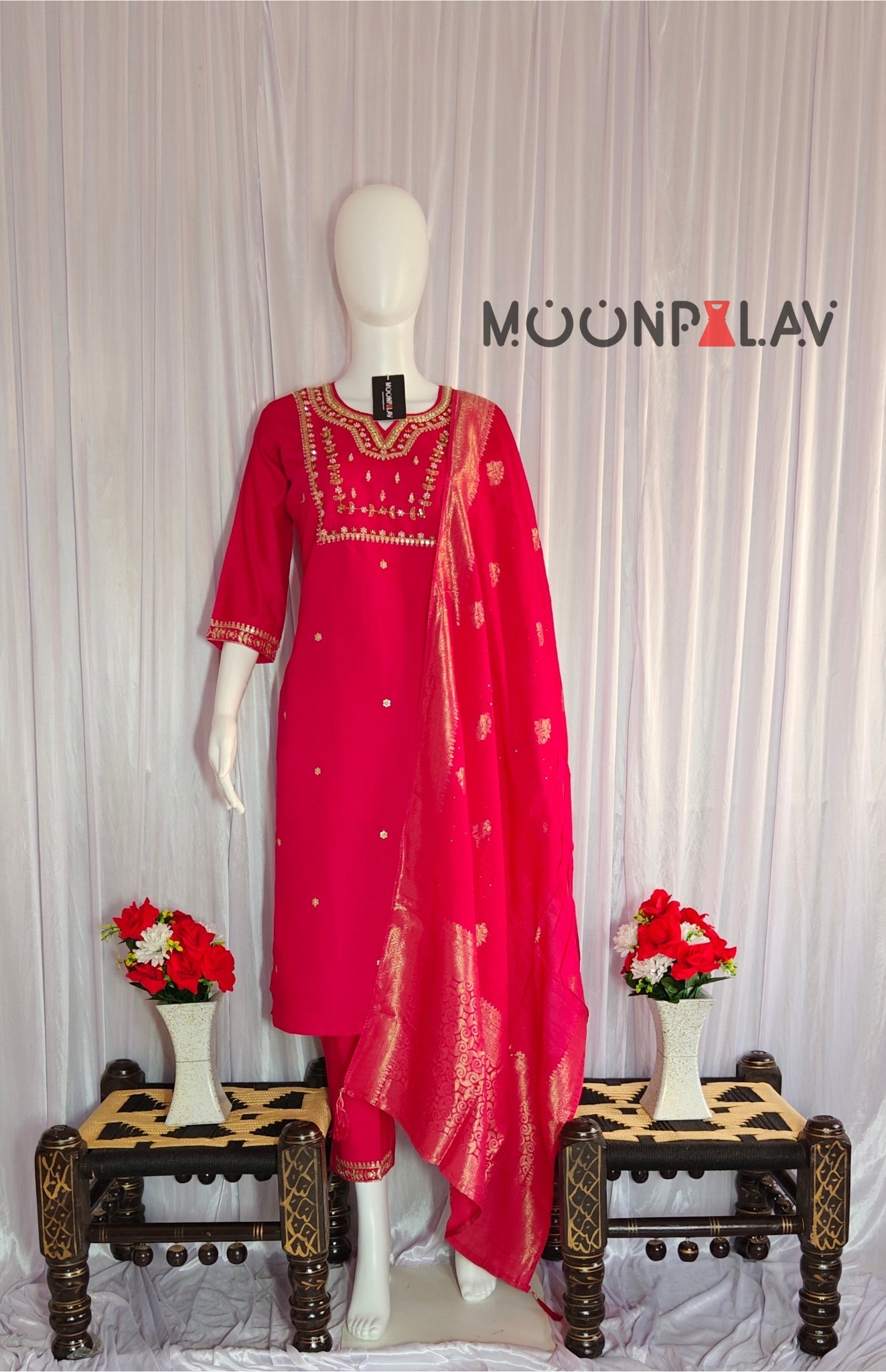 Moonpalav Rani Pink Viscose Silk Hand-Embroidered Suit Set