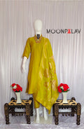 Moonpalav Lemon Yellow Viscose Silk Hand-Embroidered Suit Set with Jacquard Dupatta