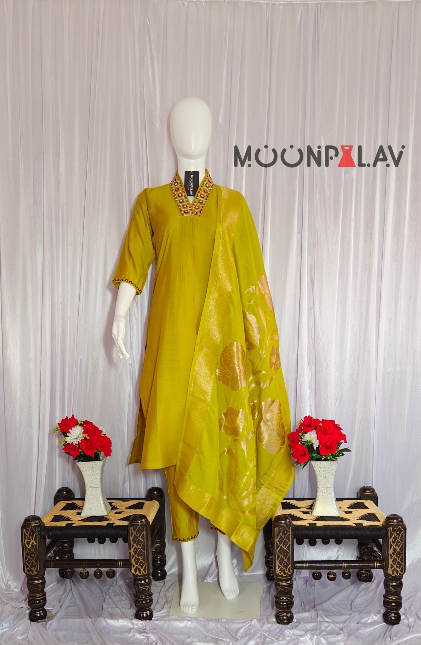 Moonpalav Lemon Yellow Viscose Silk Hand-Embroidered Suit Set with Jacquard Dupatta