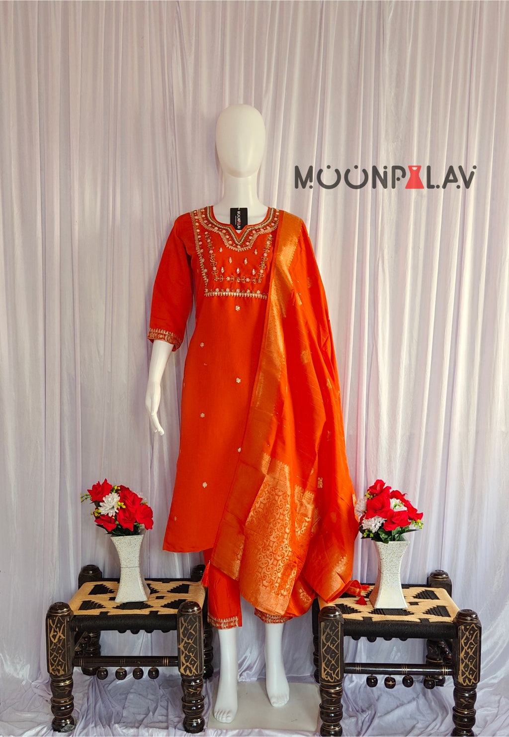 Moonpalav Burnt Orange Viscose Silk Festive Wear Kurti Set