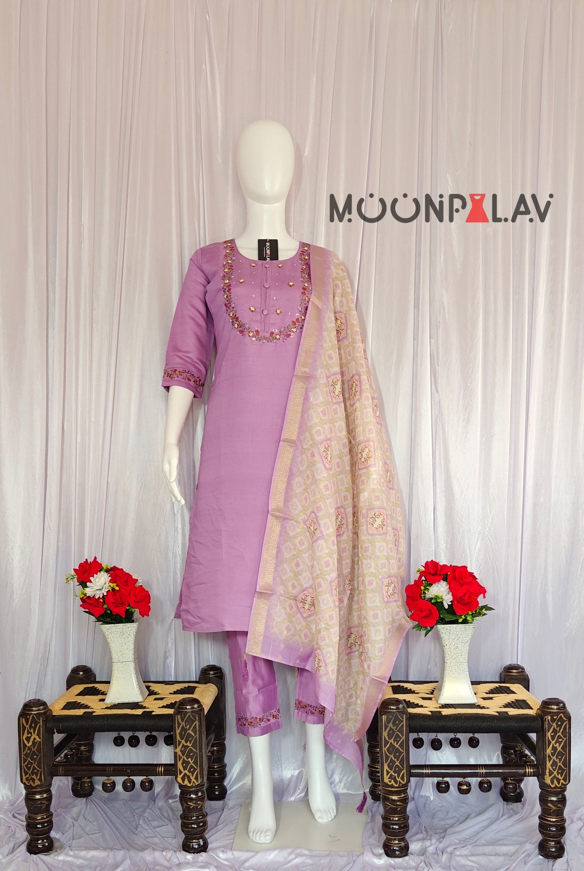 Moonpalav Lavender Mist Marina Silk Festive Suit with Digital Print Dupatta