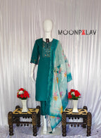 Moonpalav Emerald Teal Roman Silk Suit with Scalloped Chanderi Dupatta
