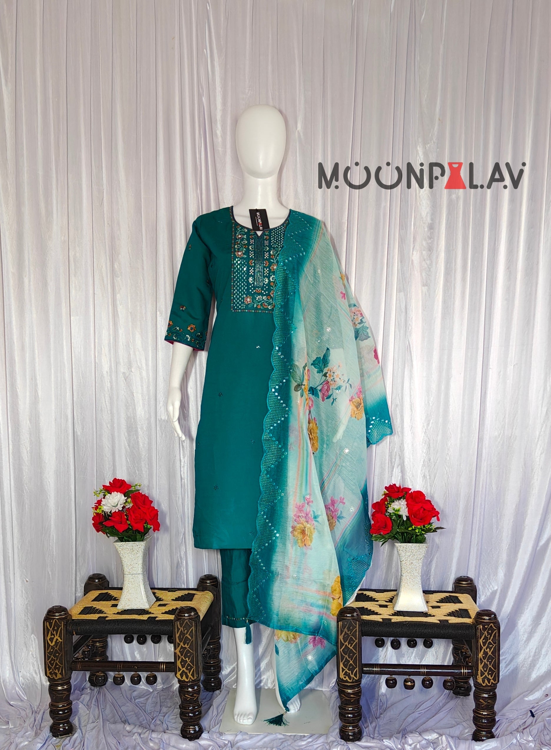 Moonpalav Emerald Teal Roman Silk Suit with Scalloped Chanderi Dupatta