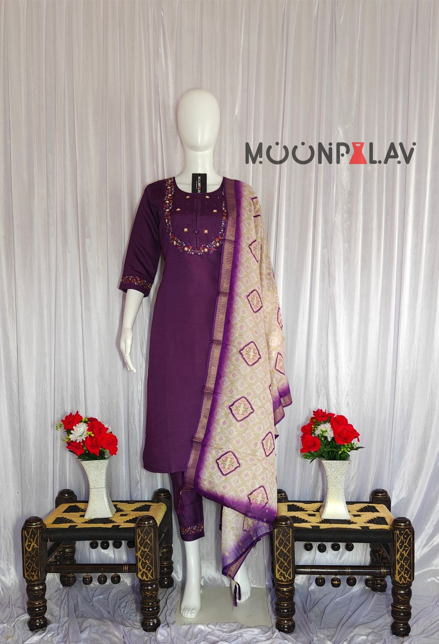 Moonpalav Royal Wine Marina Silk Embroidered Suit with Digital Print Dupatta
