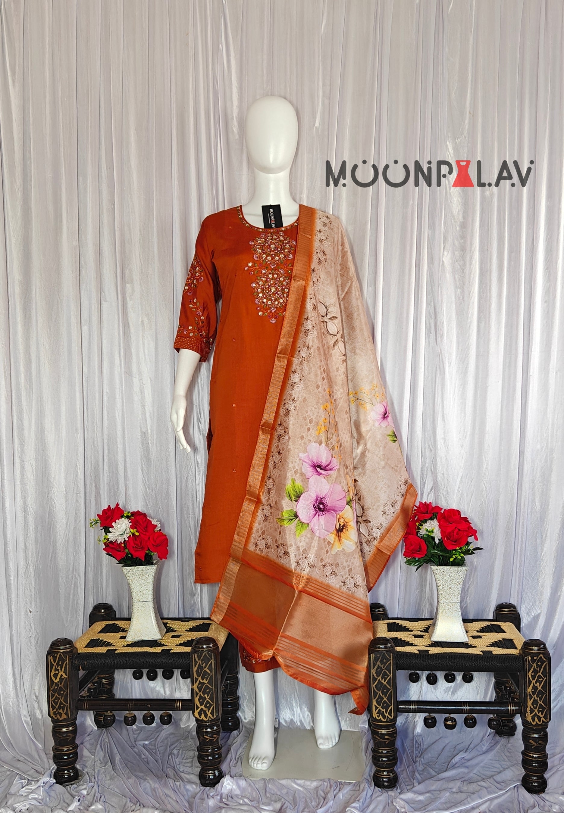 Moonpalav Rust Orange Viscose Silk Festive Suit with Digital Print Dupatta