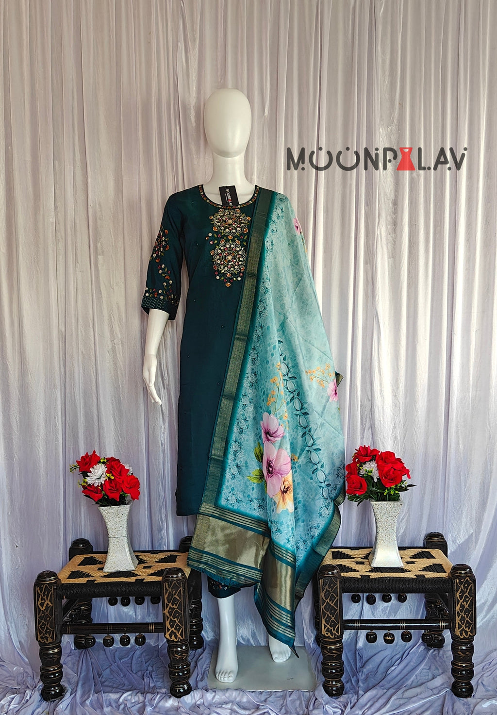 Moonpalav Bottle Green Viscose Silk Suit with Digital Print Chanderi Dupatta