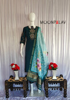 Moonpalav Bottle Green Viscose Silk Suit with Digital Print Chanderi Dupatta