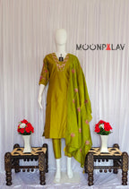Moonpalav Signature Olive Green Marina Silk Handwork Kurta Set