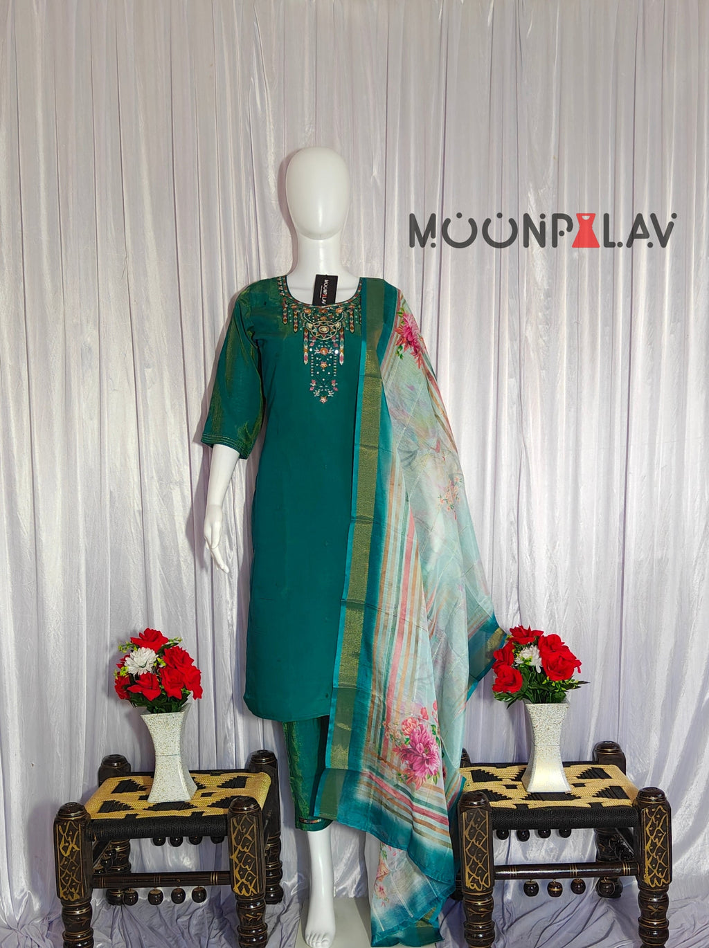 Moonpalav Emerald Teal Shimmer Gold Silk Hand-Embroidered Suit with Dupatta