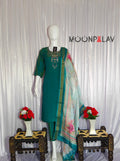 Moonpalav Emerald Teal Shimmer Gold Silk Hand-Embroidered Suit with Dupatta