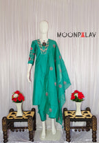 Moonpalav Signature Emerald Green Marina Silk Handwork Kurta Set