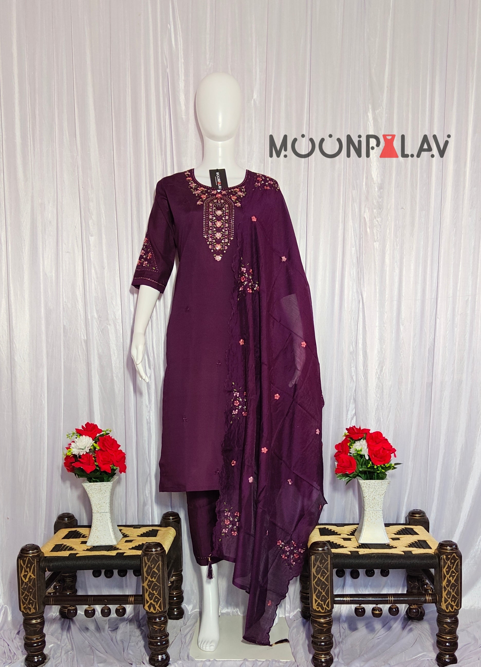 Moonpalav Royal Wine Roman Silk Multi-Thread Embroidery Suit Set with Dupatta