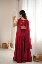 The Noor Indowestern Crunchy Silk Palazzo Set – Maroon Sequin & Thread Work
