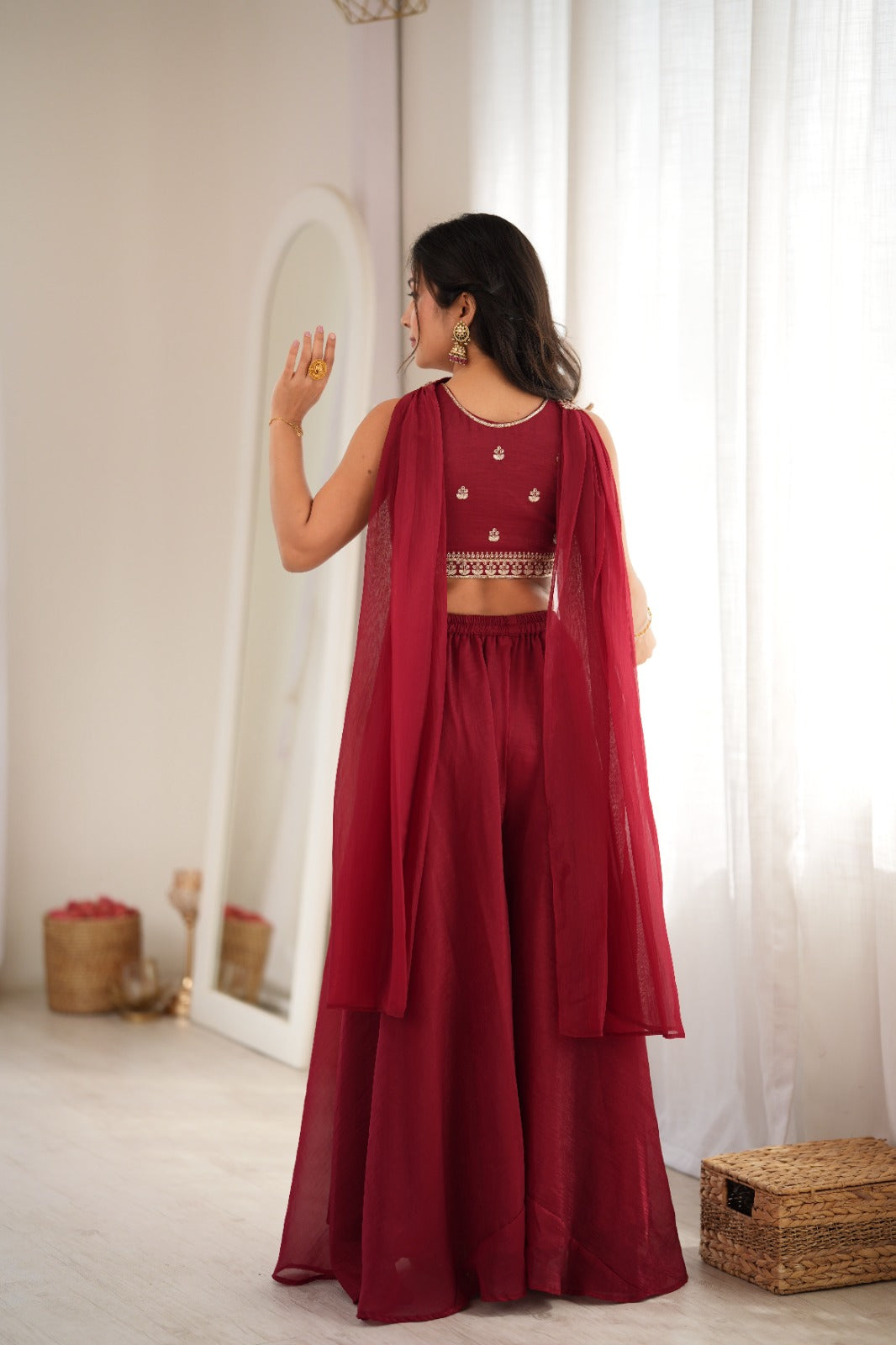 The Noor Indowestern Crunchy Silk Palazzo Set – Maroon Sequin & Thread Work