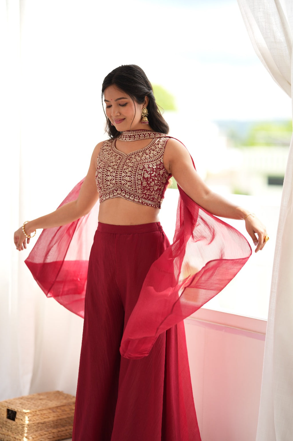 The Noor Indowestern Crunchy Silk Palazzo Set – Maroon Sequin & Thread Work