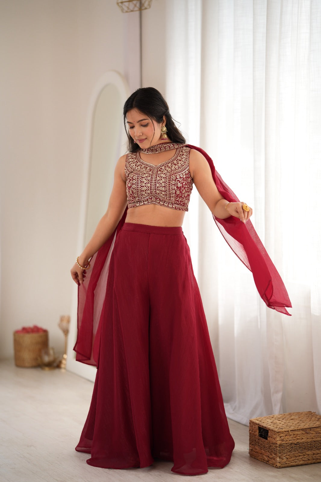 The Noor Indowestern Crunchy Silk Palazzo Set – Maroon Sequin & Thread Work