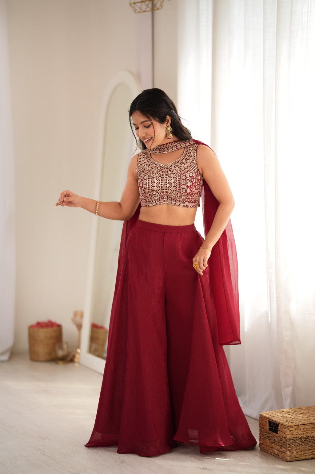 The Noor Indowestern Crunchy Silk Palazzo Set – Maroon Sequin & Thread Work