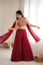 The Noor Indowestern Crunchy Silk Palazzo Set – Maroon Sequin & Thread Work