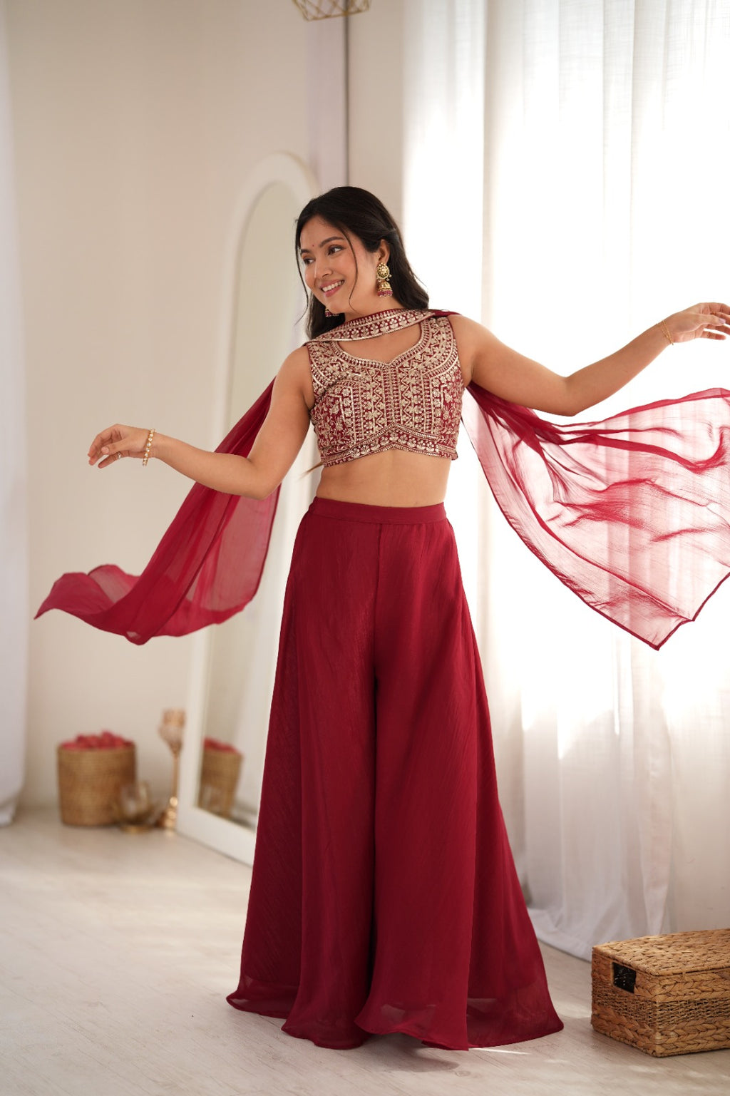 The Noor Indowestern Crunchy Silk Palazzo Set – Maroon Sequin & Thread Work