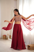The Noor Indowestern Crunchy Silk Palazzo Set – Maroon Sequin & Thread Work