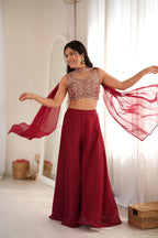 The Noor Indowestern Crunchy Silk Palazzo Set – Maroon Sequin & Thread Work