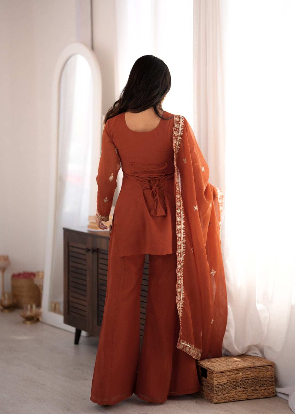 Embroidered Crunchy Silk Kurta and Bell Bottom Pant Set with Dupatta