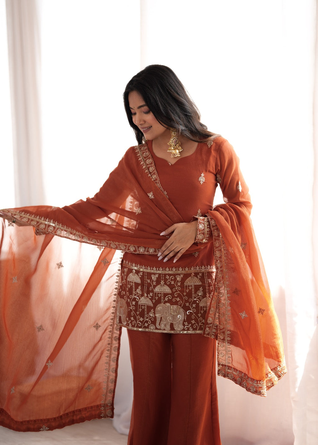 Embroidered Crunchy Silk Kurta and Bell Bottom Pant Set with Dupatta