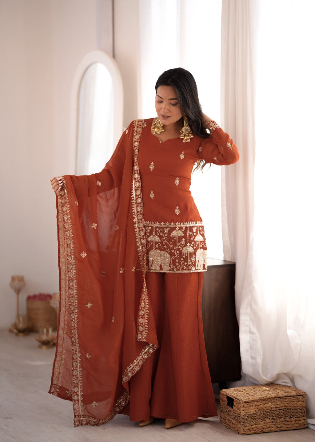 Embroidered Crunchy Silk Kurta and Bell Bottom Pant Set with Dupatta