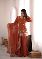 Embroidered Crunchy Silk Kurta and Bell Bottom Pant Set with Dupatta