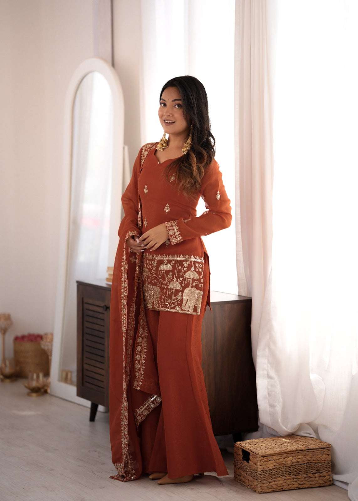 Embroidered Crunchy Silk Kurta and Bell Bottom Pant Set with Dupatta
