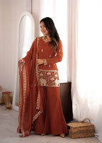 Embroidered Crunchy Silk Kurta and Bell Bottom Pant Set with Dupatta