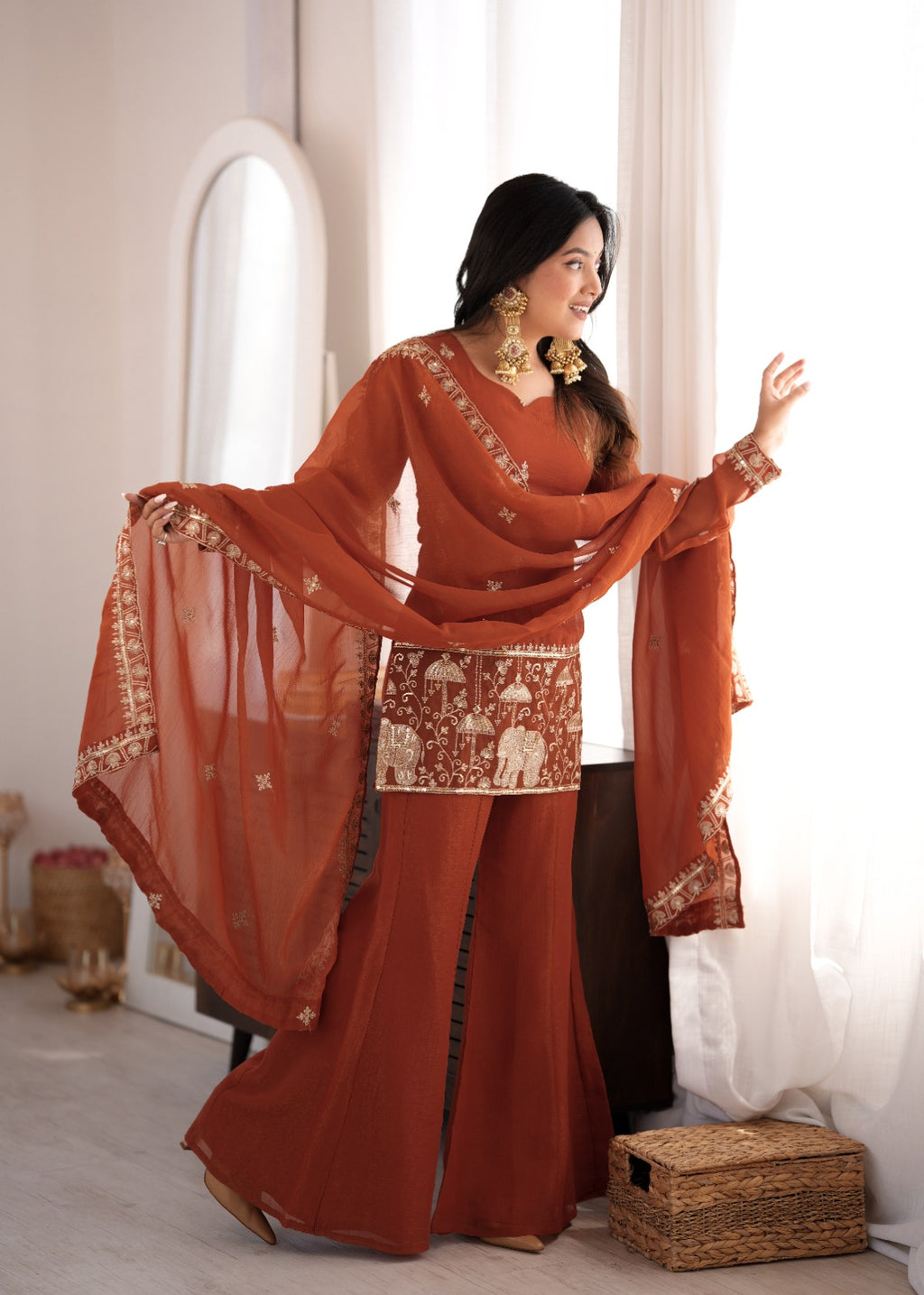 Embroidered Crunchy Silk Kurta and Bell Bottom Pant Set with Dupatta