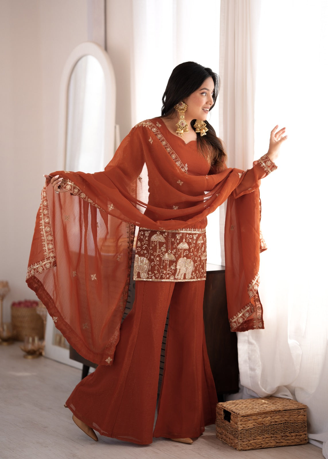 Embroidered Crunchy Silk Kurta and Bell Bottom Pant Set with Dupatta