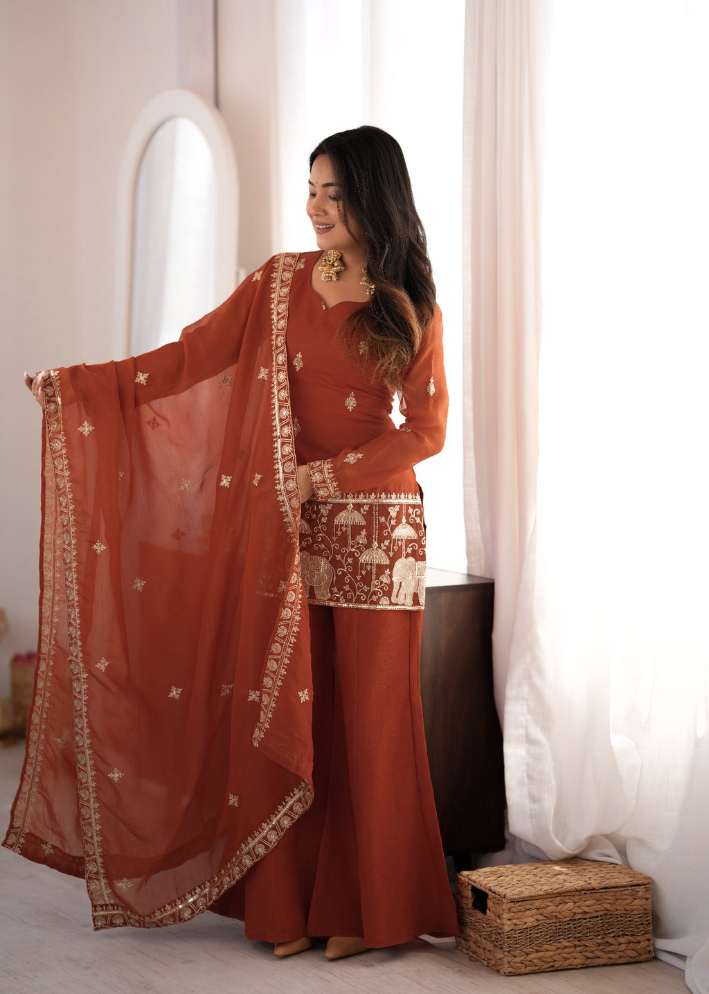 Embroidered Crunchy Silk Kurta and Bell Bottom Pant Set with Dupatta