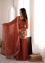 Embroidered Crunchy Silk Kurta and Bell Bottom Pant Set with Dupatta
