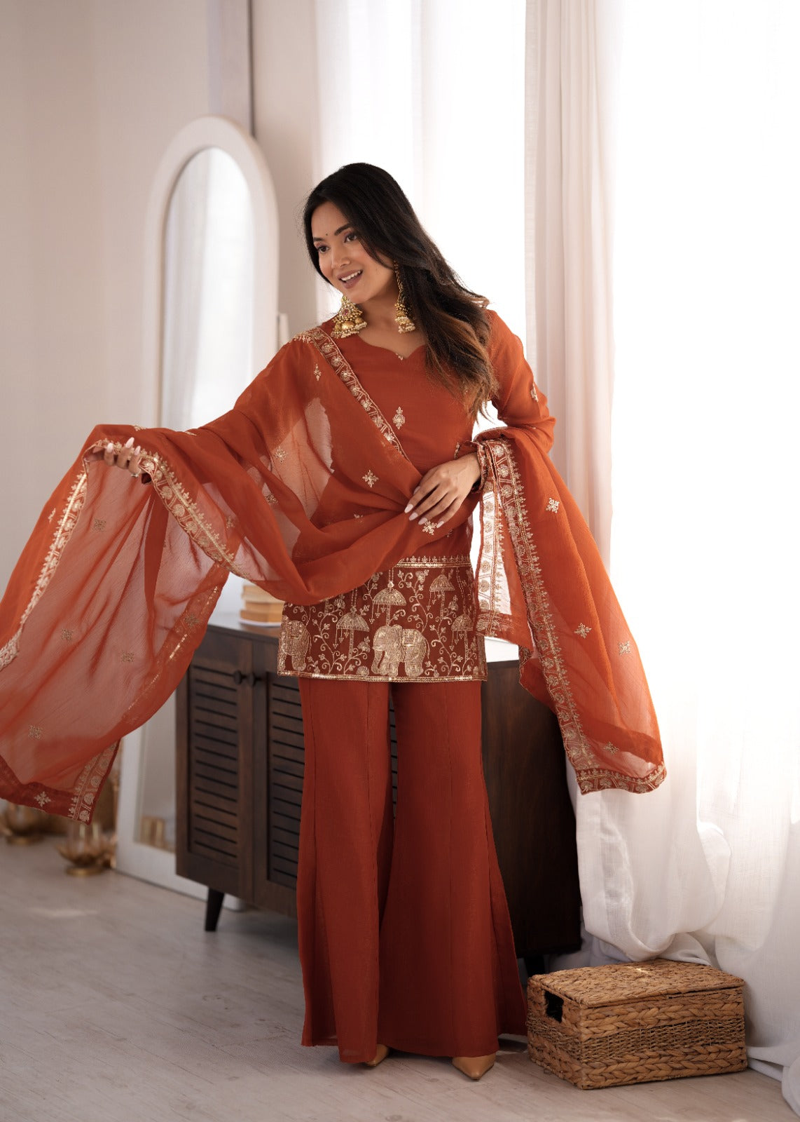 Embroidered Crunchy Silk Kurta and Bell Bottom Pant Set with Dupatta