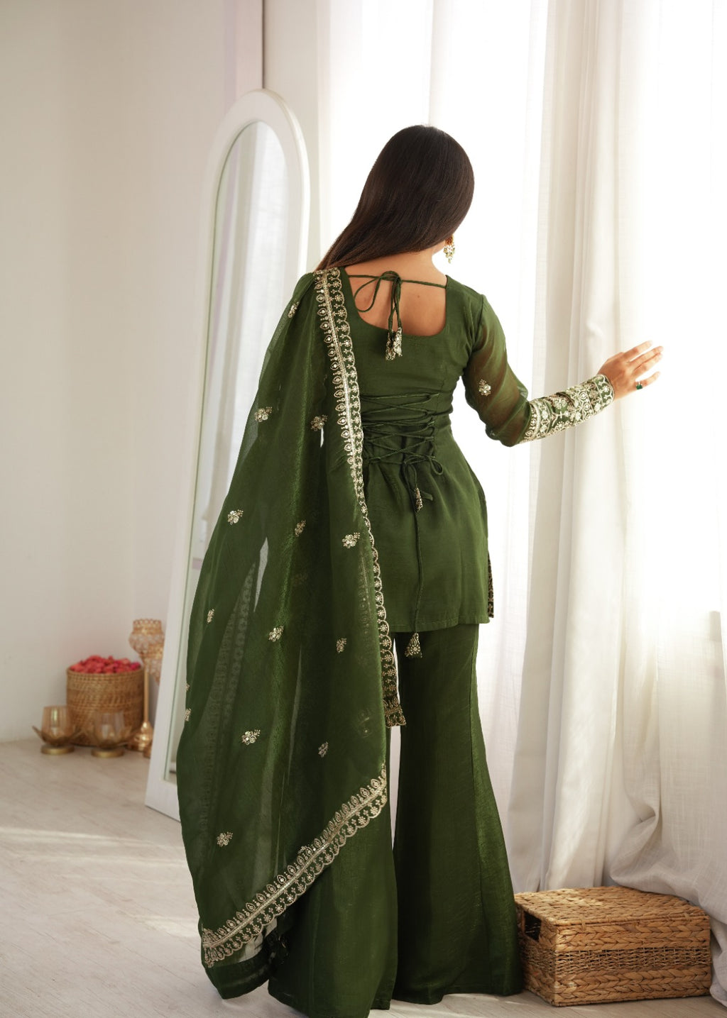 Embroidered Crunchy Silk Kurta and Bell Bottom Pant Set with Dupatta – Bottle Green